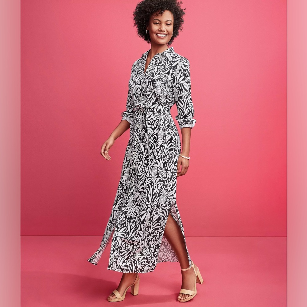 LOFT Linen maxi shirt dress, pineapple print, pockets, belt Size 8